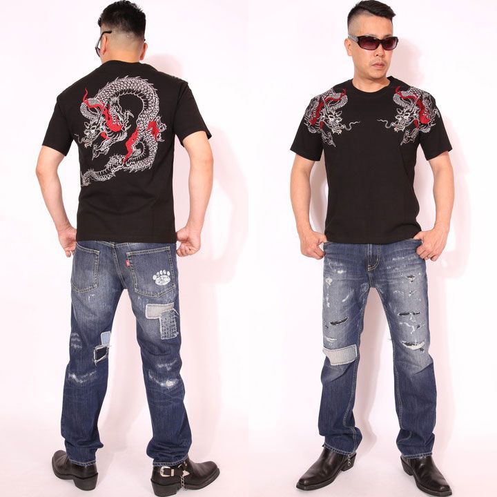 在庫限り☆花旅楽団スクリプト 炎龍 刺繍 和柄 半袖 Tシャツ ST-805