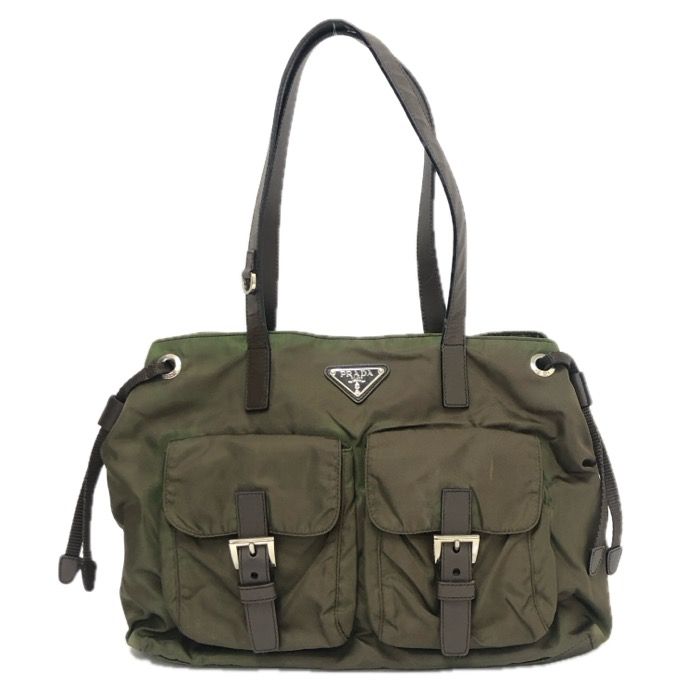 【美品】プラダ　ビジネスバッグ　三角プレート　テスートナイロン　カーキ　レザー PRADA プラダ BR3257 トートバッグ 三角プレート ナイロン/レザー