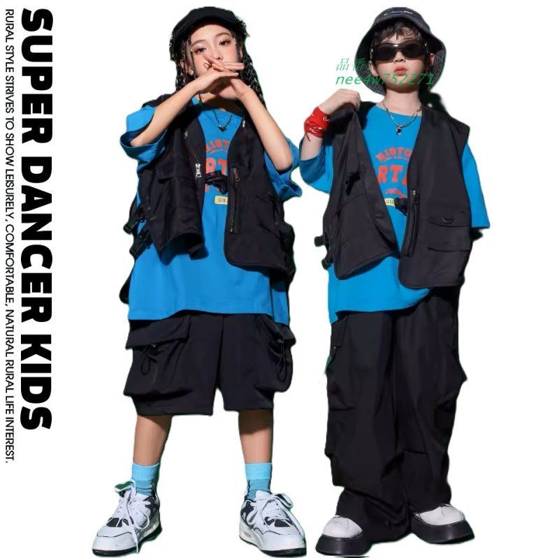 ヒップホップ ダンス衣装 セットアップ フィッシングベスト ハーフパンツ キッズファッション K-POP 黒 韓国 キッズダンス衣装 nee4w752271