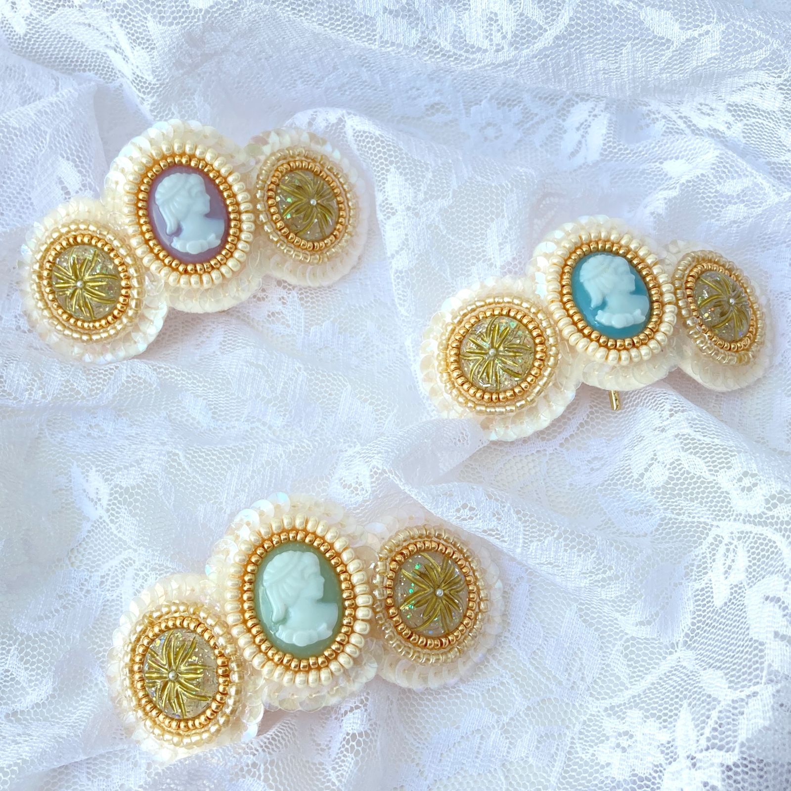 【 ポニーフック 】 ビーズ刺繍  スパンコール カメオ風 アンティーク調 フラワー ビーズ スパンコール