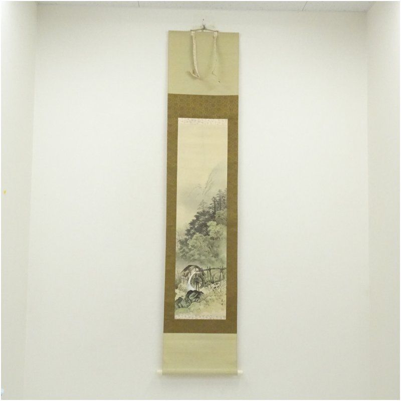 【本表装】肉筆掛け軸水墨画　山水画「山峡帆影」美術品　絵画　和室　茶室　床の間 光晴筆 渓聲山趣 山水 肉筆絹本掛軸（共箱）掛け軸 床の間 書
