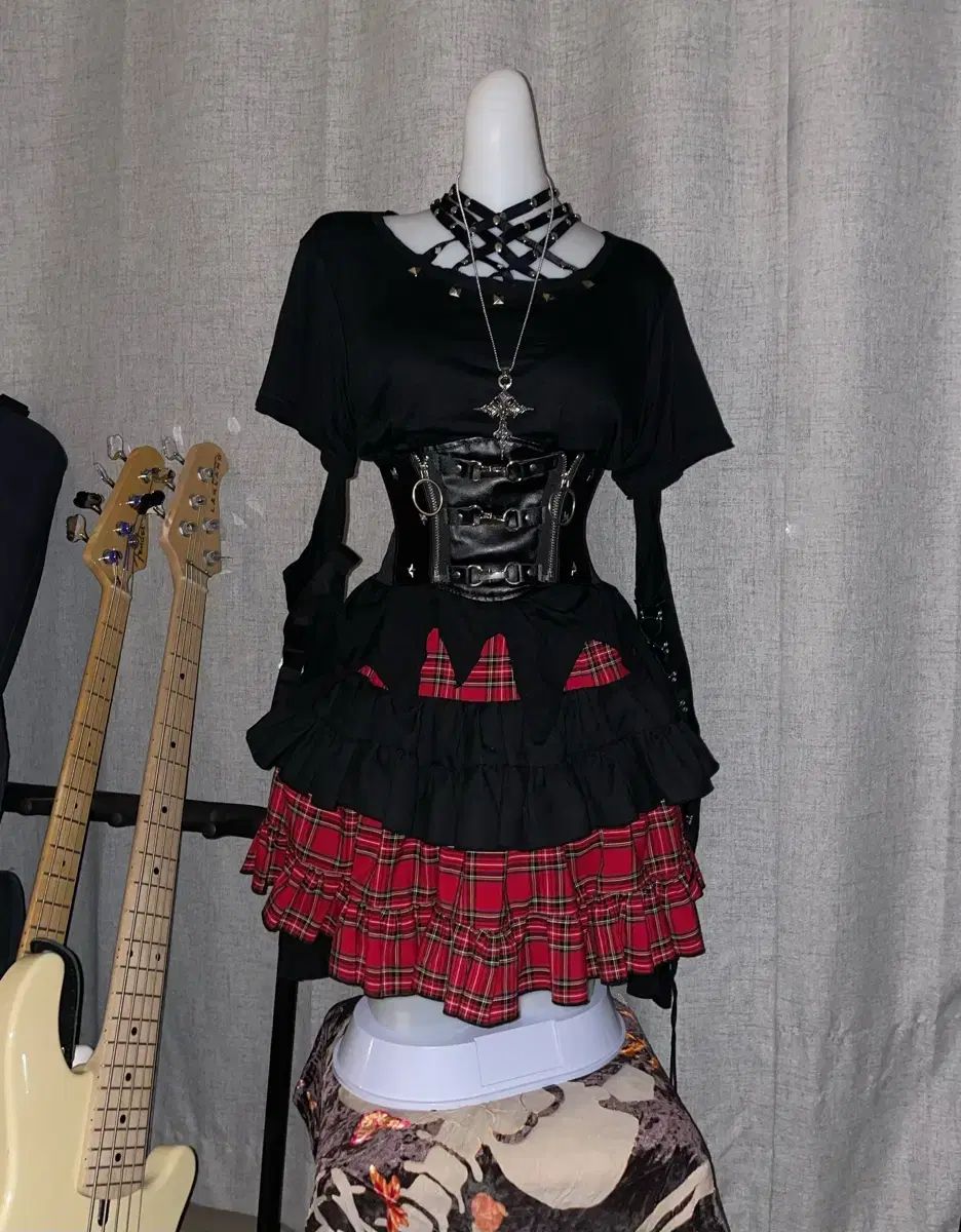 チョーカー パンク ロング T レッド チェック スカート Set