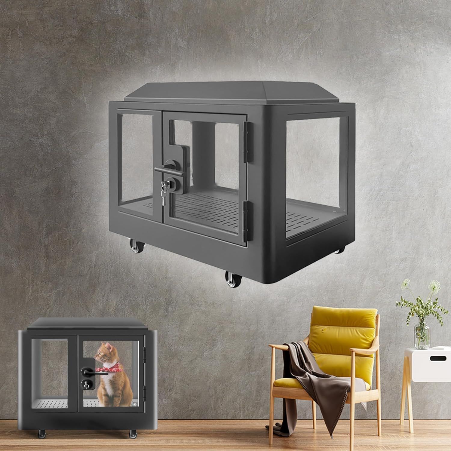 ペット用防音室 防音ルーム 犬小屋 調節換気ファン付き 吸音 ペットハウス ロック付きキャスター 屋内 室内 防音 鳴き声対策 ボックスフラット屋根タイプ 猫小屋 遮音強化ガラス 高耐久合金フレーム キャットハウス 保温防音室