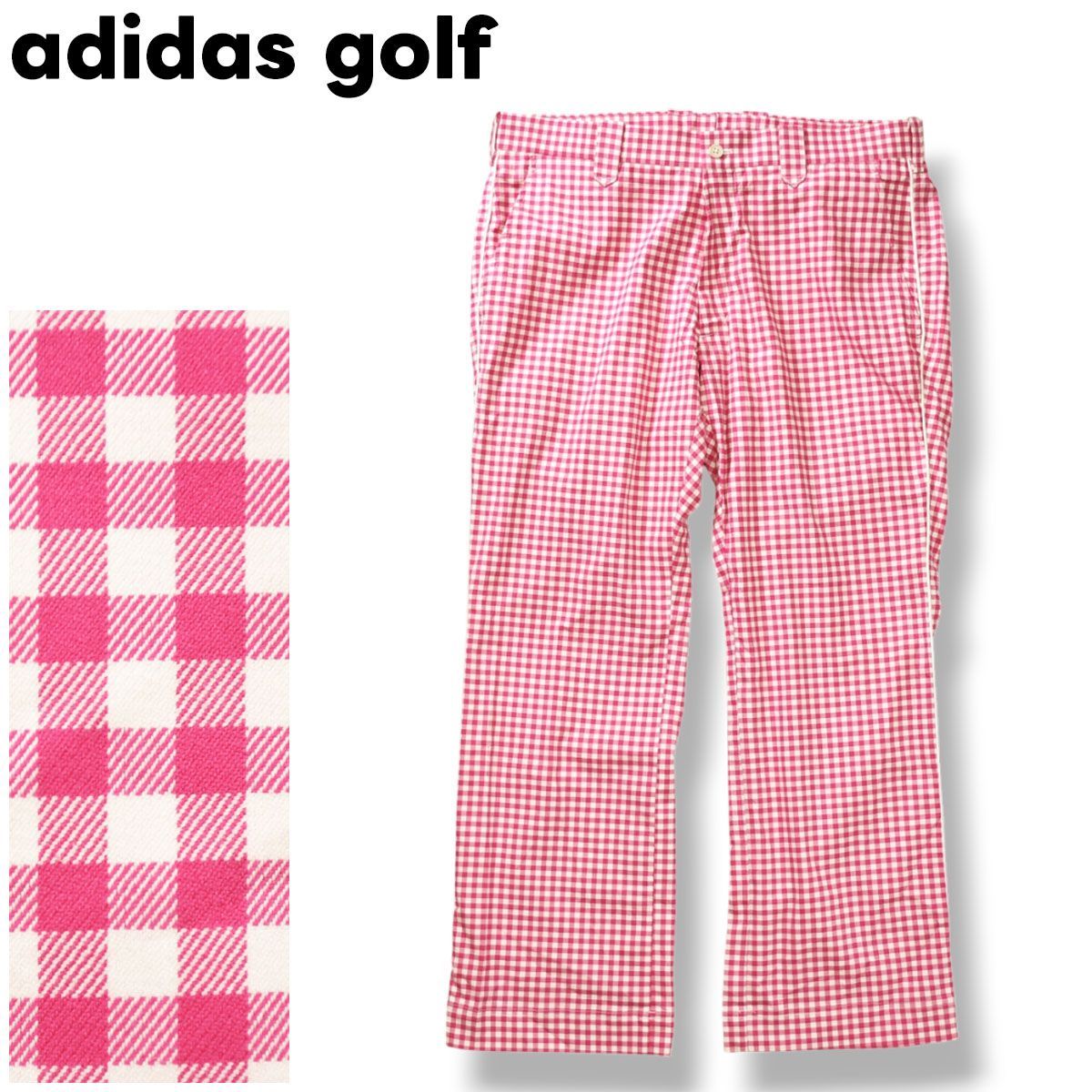 定番 アディダス ゴルフ adidas golf ストレッチ コットン スラックス パンツ ジップアップ ストレート 91 ギンガムチェック柄 ピンク スポーツ カジュアル ウェア メンズ