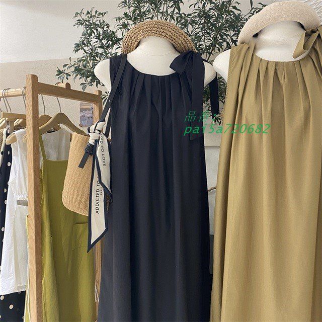 肩紐リボン ワンピース ロング ノースリーブ ワンピース 黒 ショルダーリボン カジュアル ゆったり ワンピース 夏 体型カバー 春 レディース ワンピース pai5a720682