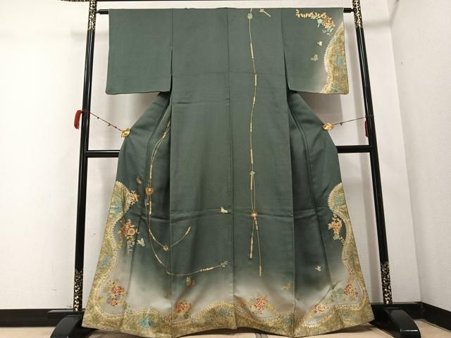 平和屋着物●螺鈿作家　甲斐泰造　訪問着　花蝶文　暈し染め　金彩　銀通し地　正絹　逸品　AABC6062ph 平和屋着物○螺鈿作家 甲斐泰造 訪問着 花蝶文 暈し染め 金彩 銀通し地