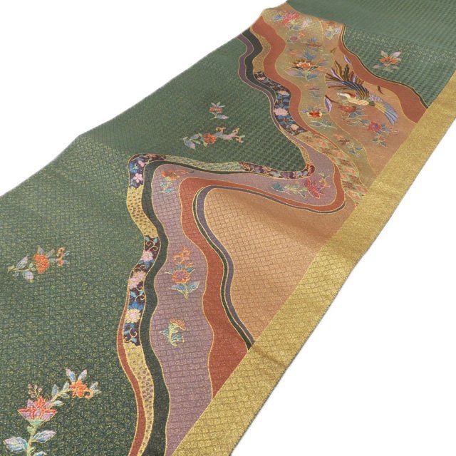 袋帯 蜀甲花鳥文 色鮮やかな花模様 向い鶴 金糸 O-3125 袋帯 蜀甲花鳥文 色鮮やかな花模様 向い鶴 金糸 O-3125 着物・浴衣