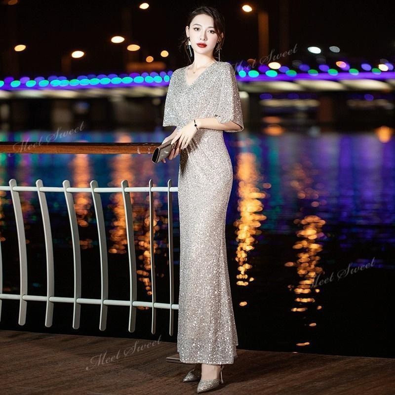 スパンコール シャンパンシルバー パーティードレス ケープスリーブ キラキラ マーメイドドレス ウェディングドレス ミセス 発表会