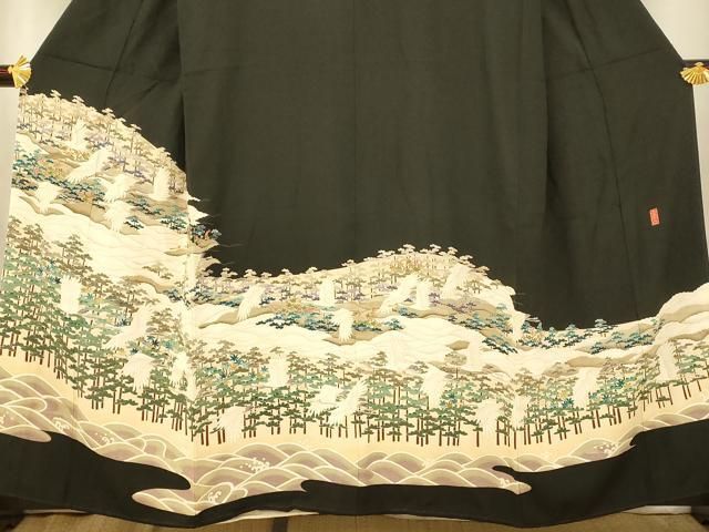 平和屋着物□豪華黒留袖 友禅 作家物 草花飛鶴屏風文 逸品