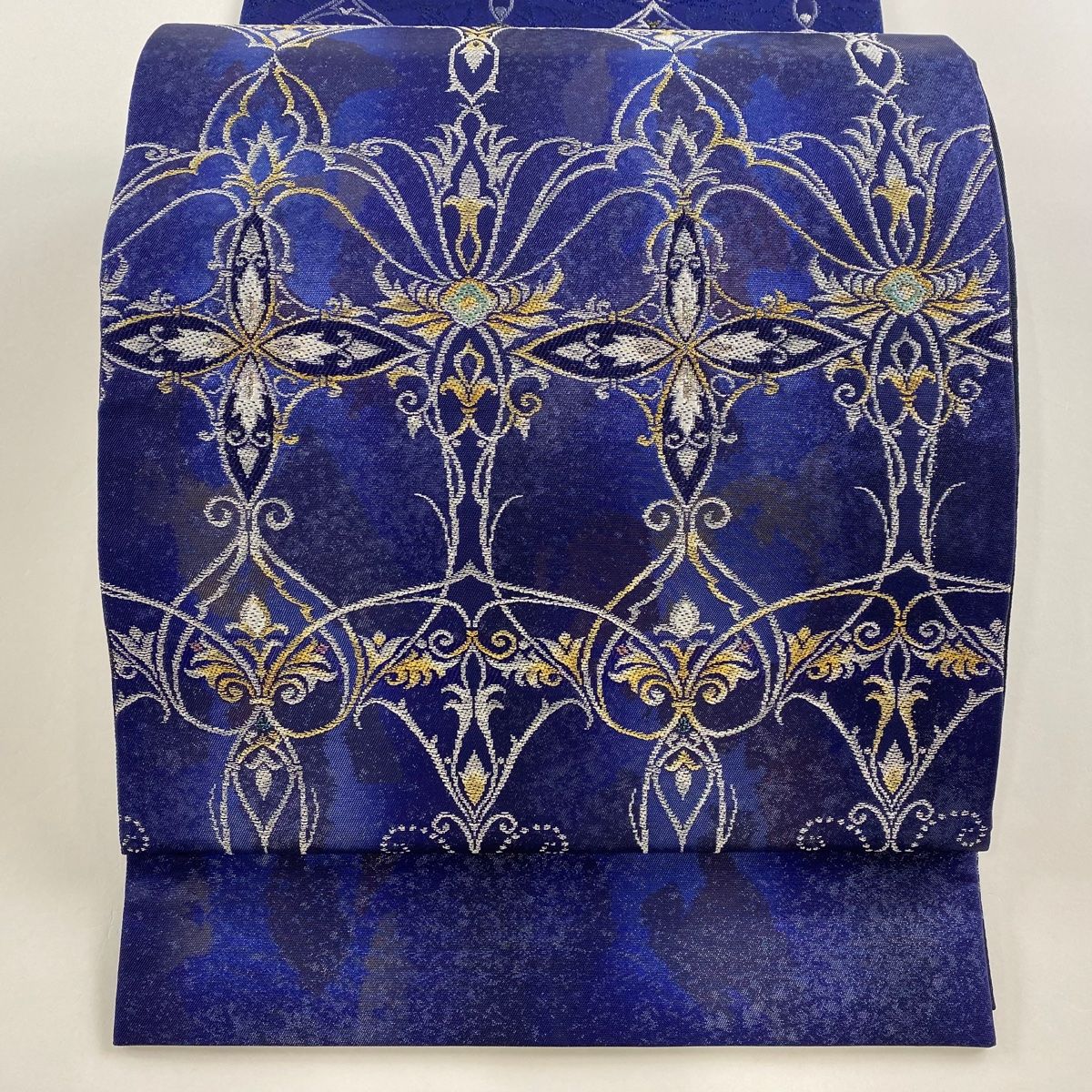袋帯 美品 名品 ラピスダイヤ引箔 幾何学 華文 金銀糸 箔 青 六通 正絹