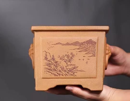 紫砂植木鉢 獅首奎面正方形鉢