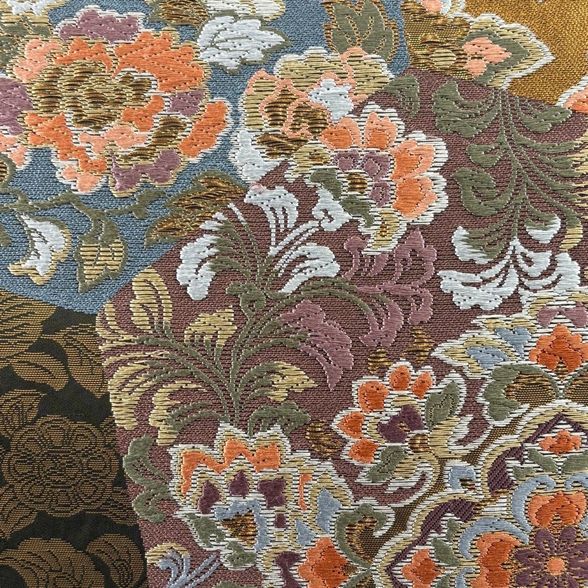 袋帯 秀品 華文 花蝶 唐織 箔 深緑 六通 正絹