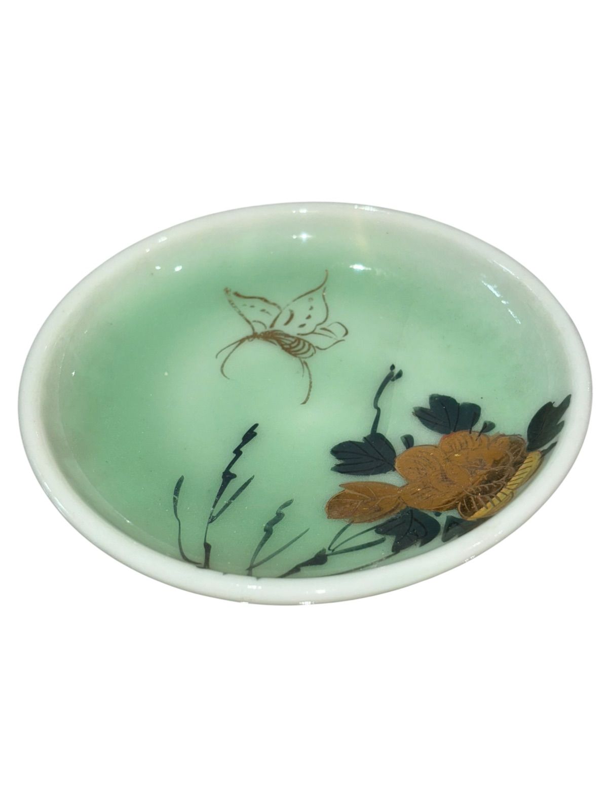 瀬戸焼 3客セット クロム青磁 直径11cm 小皿 花蝶文 金彩 明治