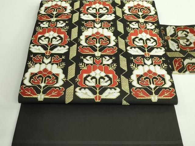 平和屋着物 上 西陣 川島織物 九寸名古屋帯 唐織 草花文 黒地 DZAA9534kh5