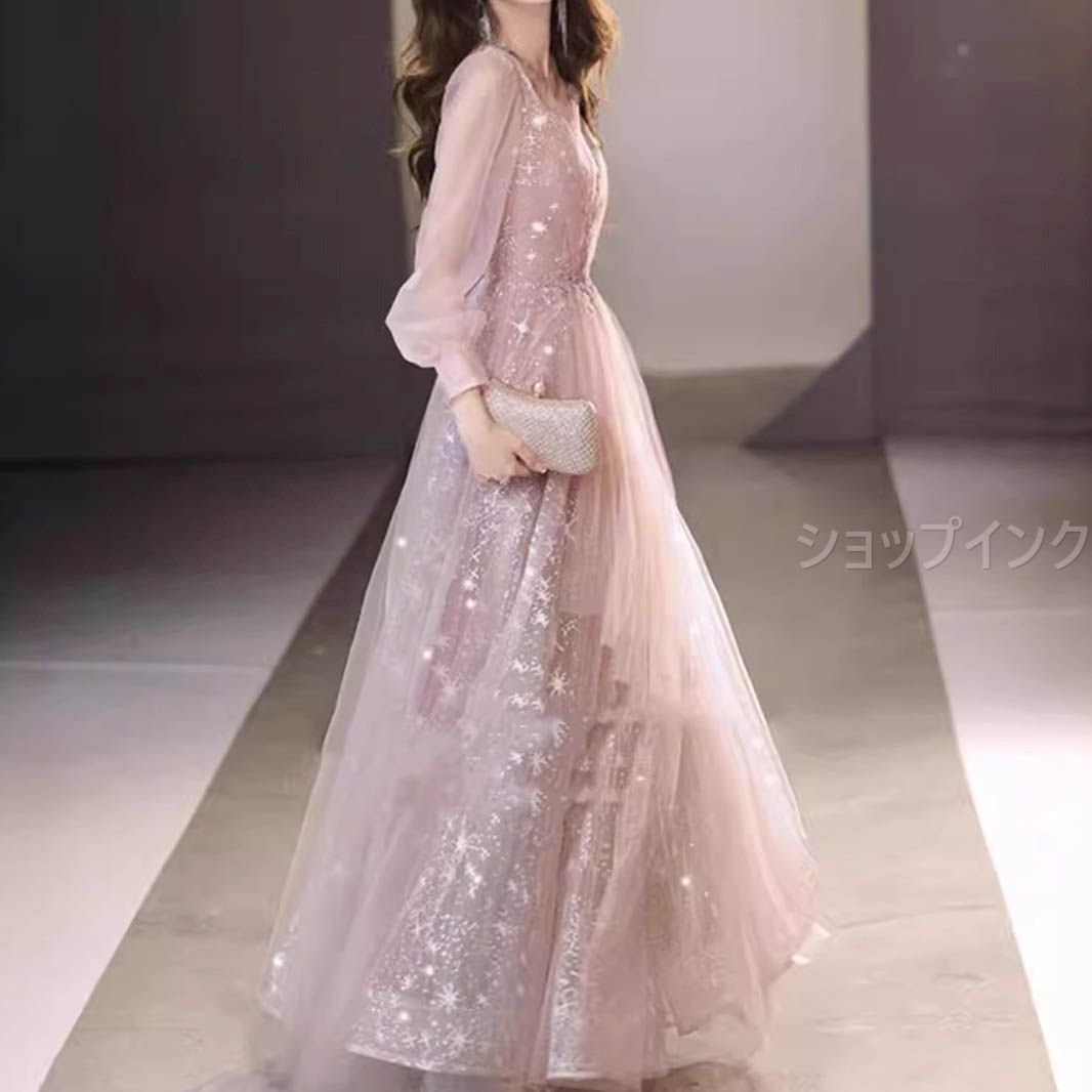 ドレス カクテルドレス ロングドレス パーティードレス シャンパン 袖あり 長袖 シースルー シフォン スパンコール 発表会 演奏会 ステージドレス 二次会 コンサート コンクール