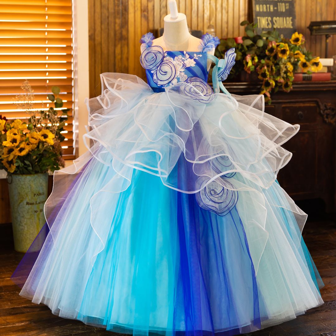 子供ドレス　キッズドレス　プリンセスドレス　チャイルドドレス　ドレス　ブルー　青　120cm　7才　グラデーション
