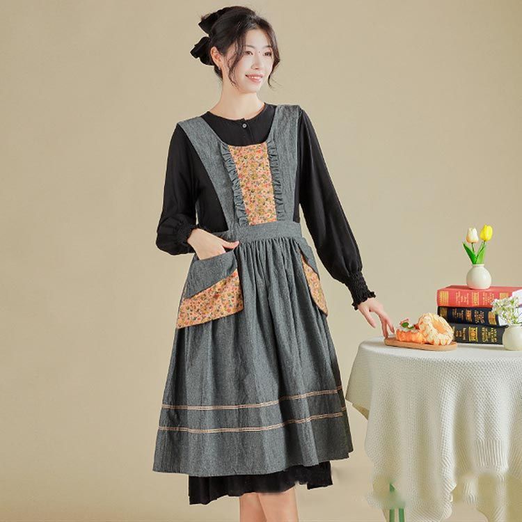 デニムエプロン レディース 可愛い フリル 小花 ポケット付き 肩掛け