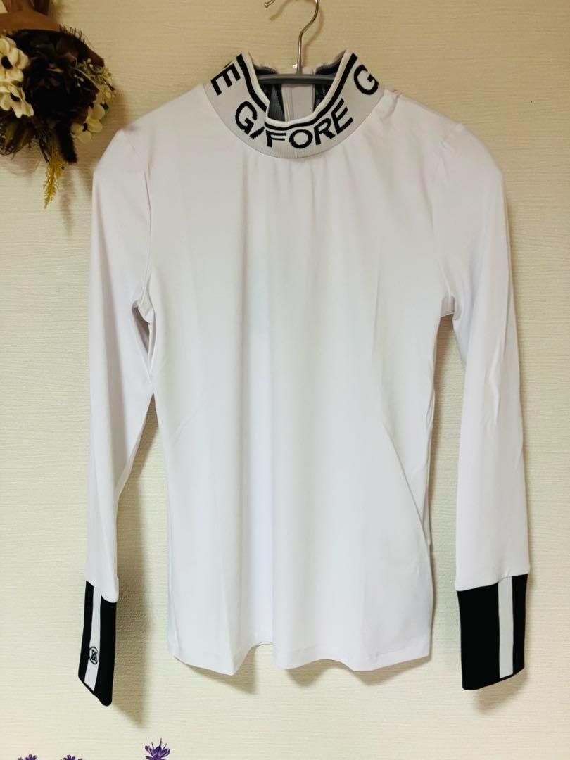 新品☞値下！ジーフォアゴルフ【白／L】速乾性　ハイネック背中リボン 新品！ジーフォア ゴルフ速乾性 ハイネック背中リボン【白／L