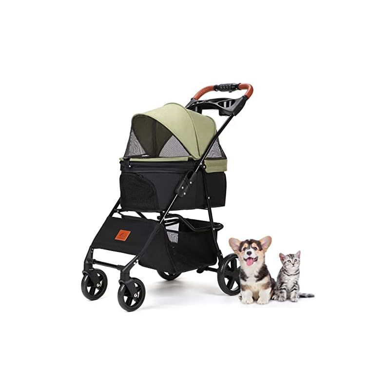 Aikenn 犬用ベビーカー 小型犬 折り畳み ペットキャリーカート ペットバギーミニ 4輪タイプ 犬介護用 猫犬兼用 前輪360°回転 後輪ブレーキ付 飛び出し防止 軽量 ワンタッチ開閉 組み立て簡単 耐荷重15KG おでかけ用品 グリーン＋ブラック 0