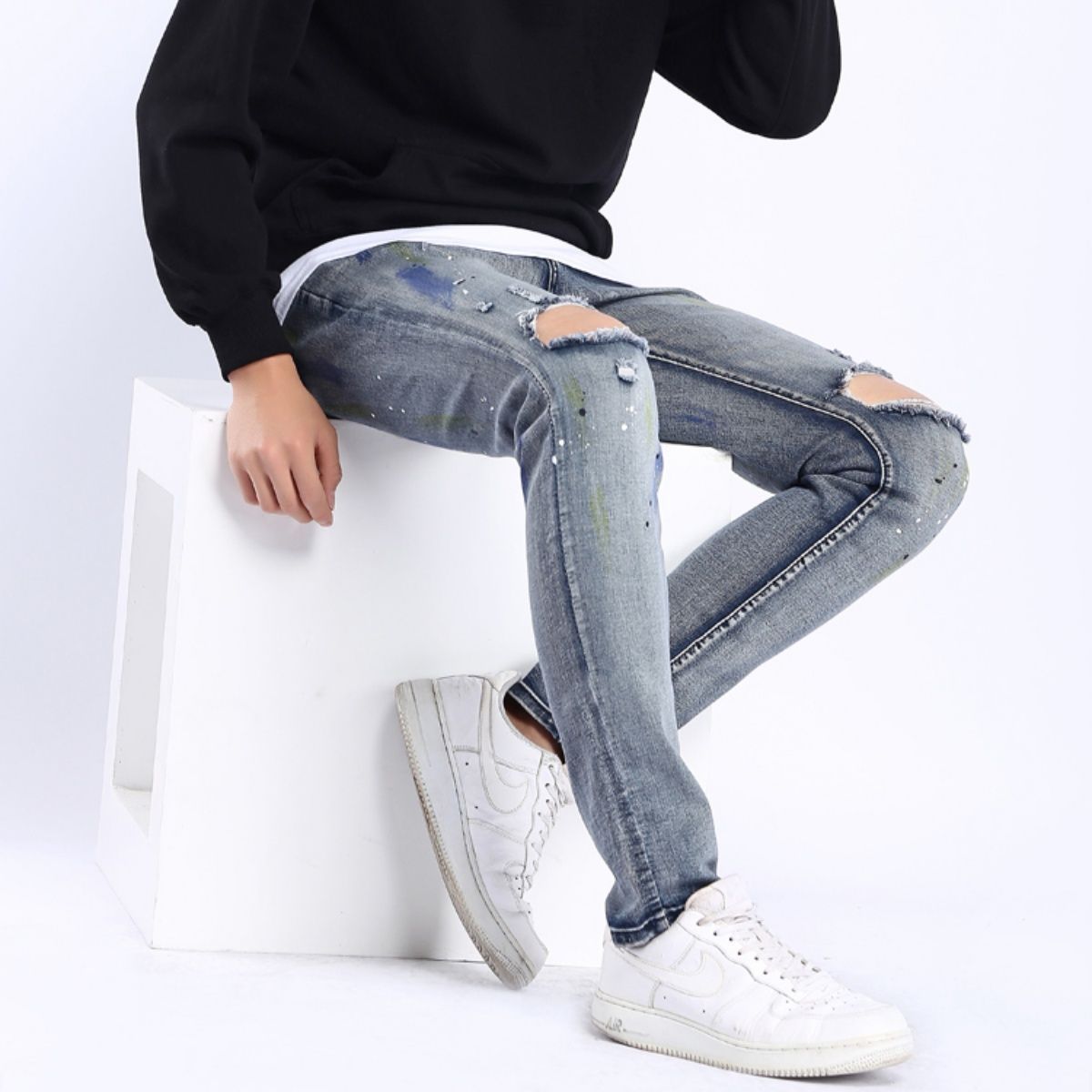 ペイントダメージデニムパンツ メンズ クラッシュ ストレッチ ジーンズ 