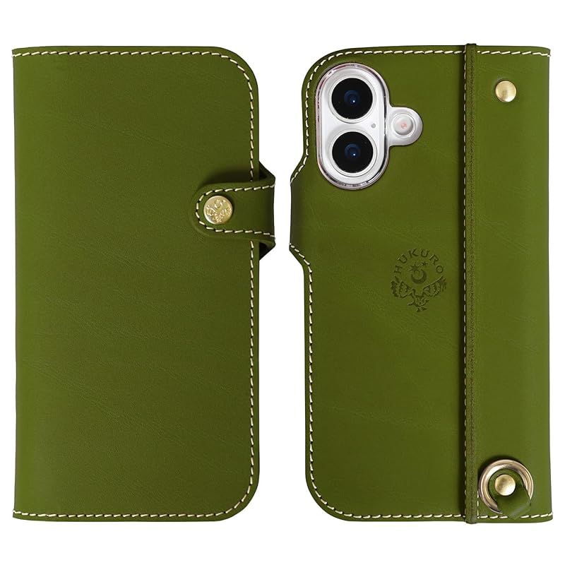HUKURO iPhone17 手帳型 ケース 栃木レザー 本革 スマホケース 落下防止 グリップ カバー ストラップホール 持ちやすい フクロ グリーン
