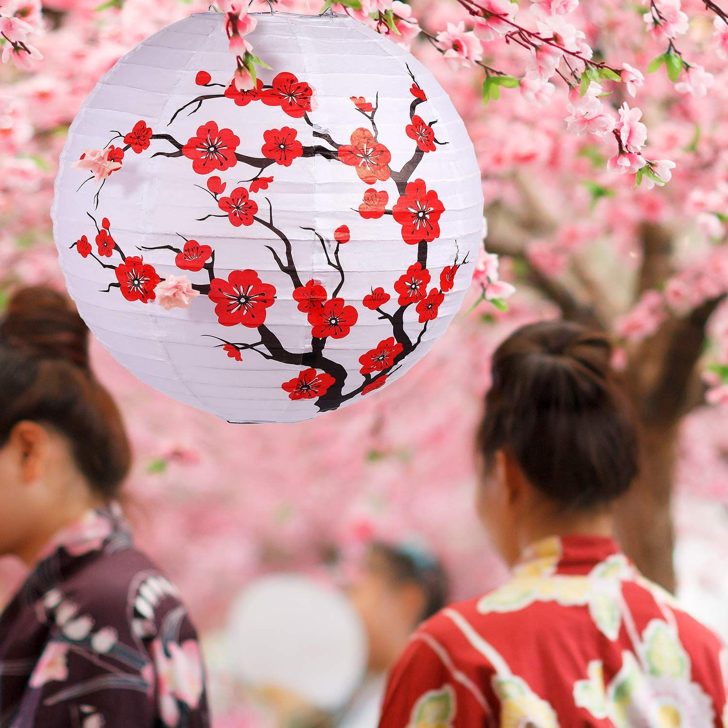 Blulu 6個パック 中国製 日本製 レッドチェリー 花 ペーパーランタン 白 丸型 中国製 和紙ランプ ホームウェディングパーティー装飾用 11.8x11インチ