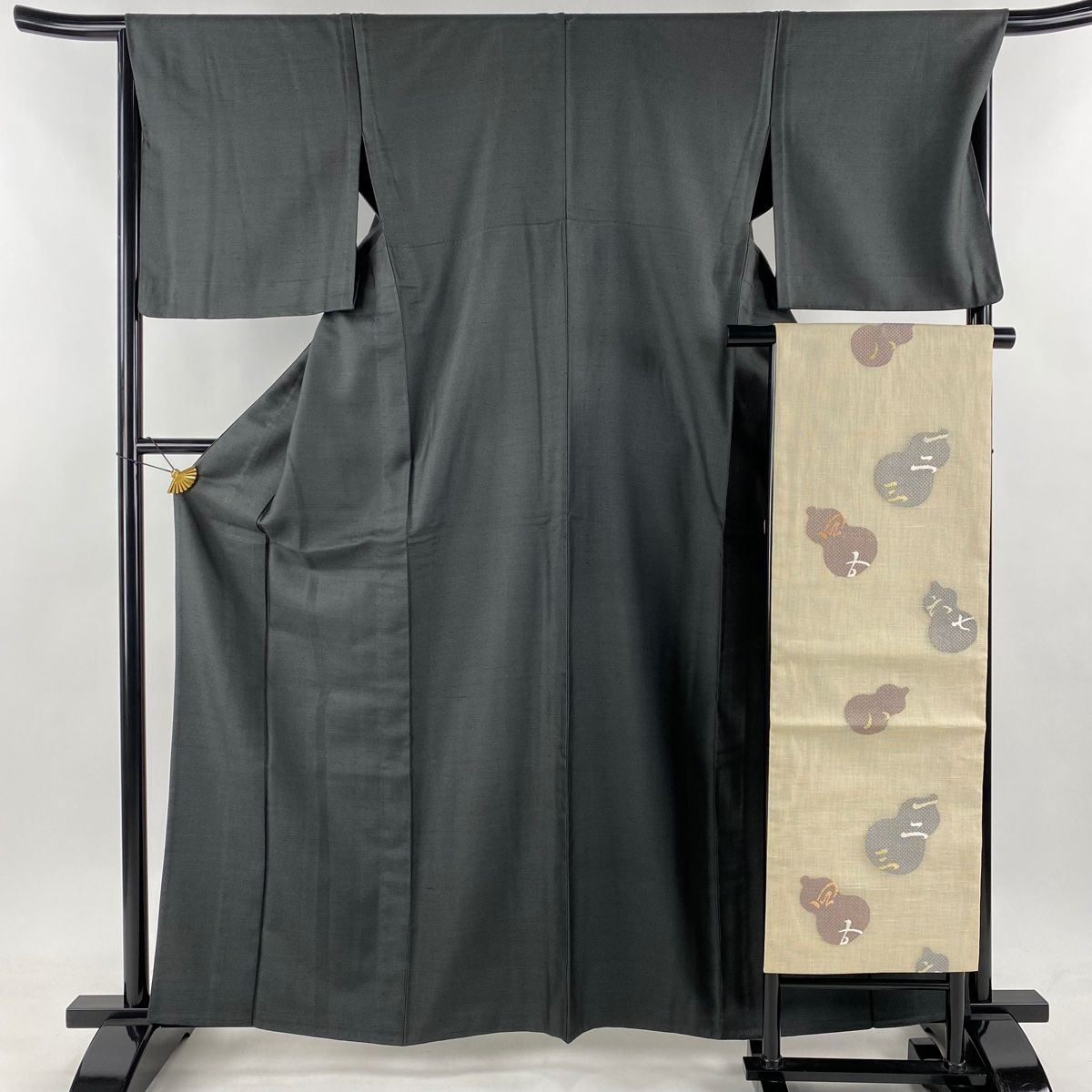 紬 身丈162cm 裄丈67cm M 単衣 名古屋帯セット 深緑 正絹 秀品