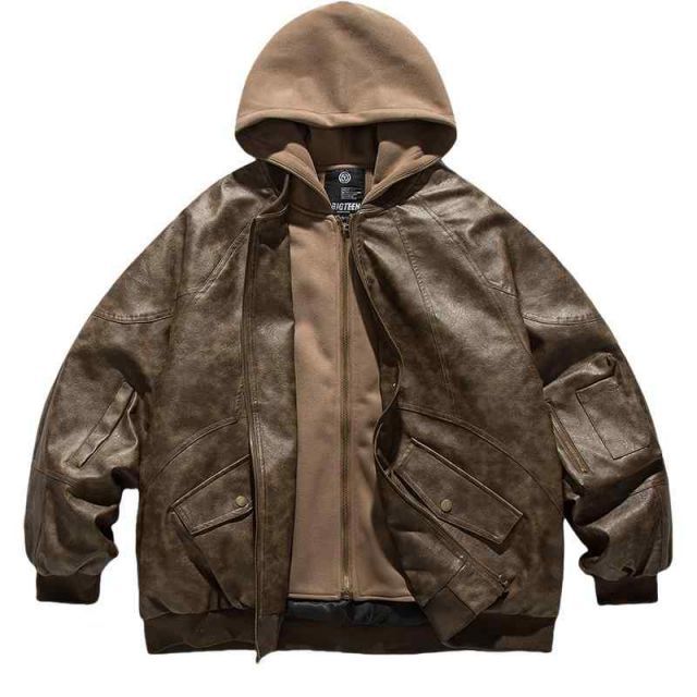 秋冬 コーデ メンズ 服 シンプル ファッション オシャレ 大人 かっこいい 大きいサイズ ストリート 紳士服 レトロ フェイク ツーピース PU エコ レザー ダウン ジャケット アウター ハイエンド バイク