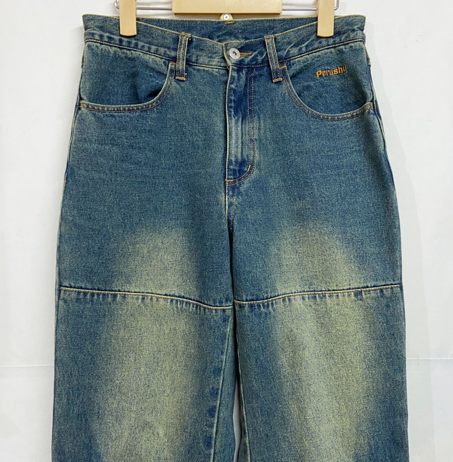 ［perushu］ダブルタックワイドデニムパンツ セールハトメループリジットワイドタックデニム（デニムパンツ