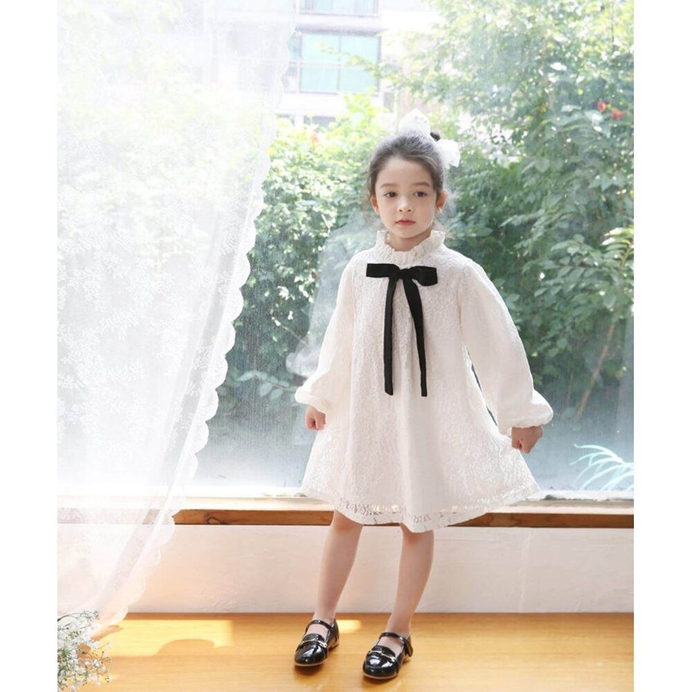 ホワイト  100cm  マーガレンワンピース ワンピース キッズ 長袖 ドレスワンピース 52032202 子供 ドレス 女の子 結婚式 パーティ 発表会 七五三 卒園式 入園式 入学式 総レース リボン 立ち襟 か