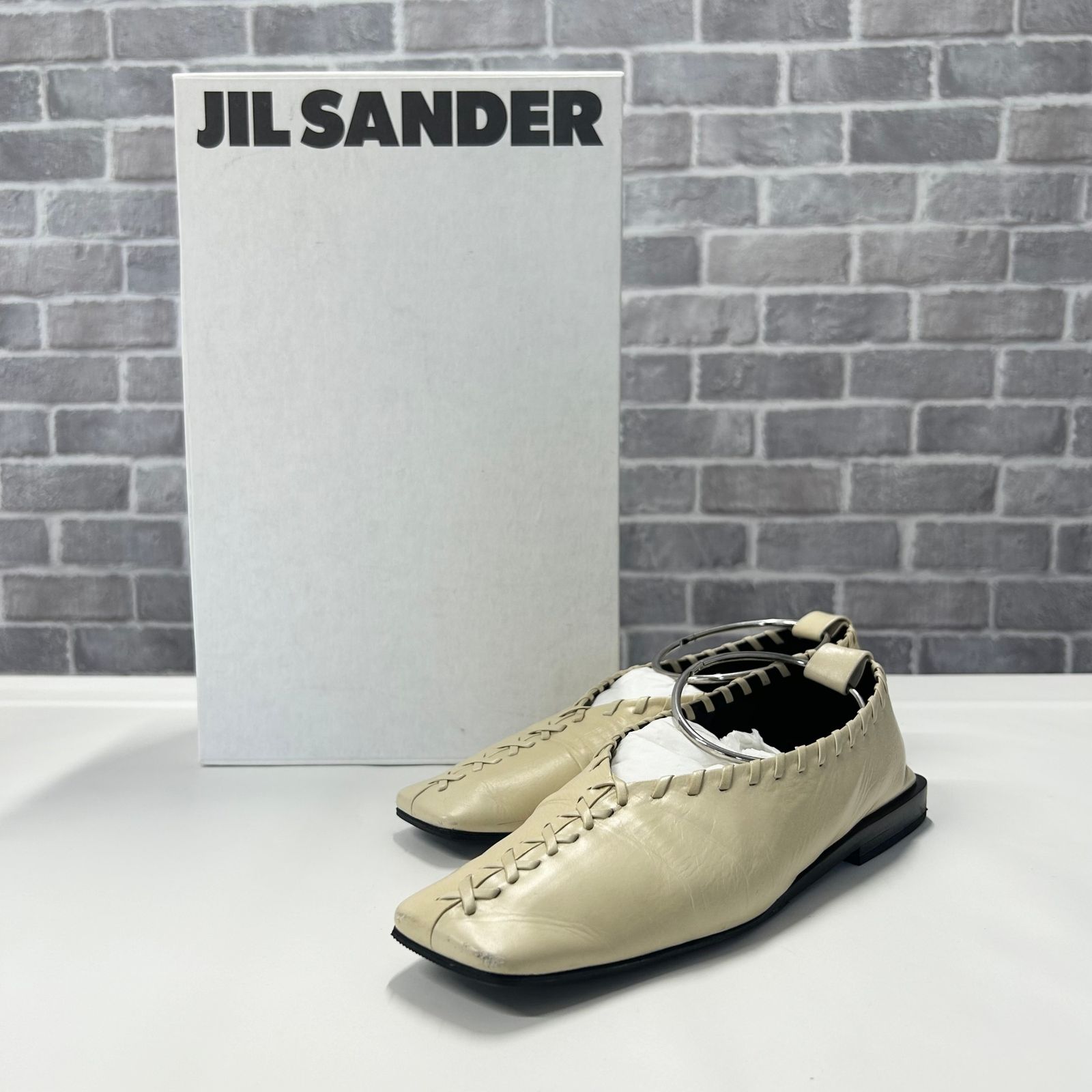 JIL SANDER(ジルサンダー)   フラットシューズ レースアップバレエシューズ アンクルリング JS30217A 37 アイボリー レザー