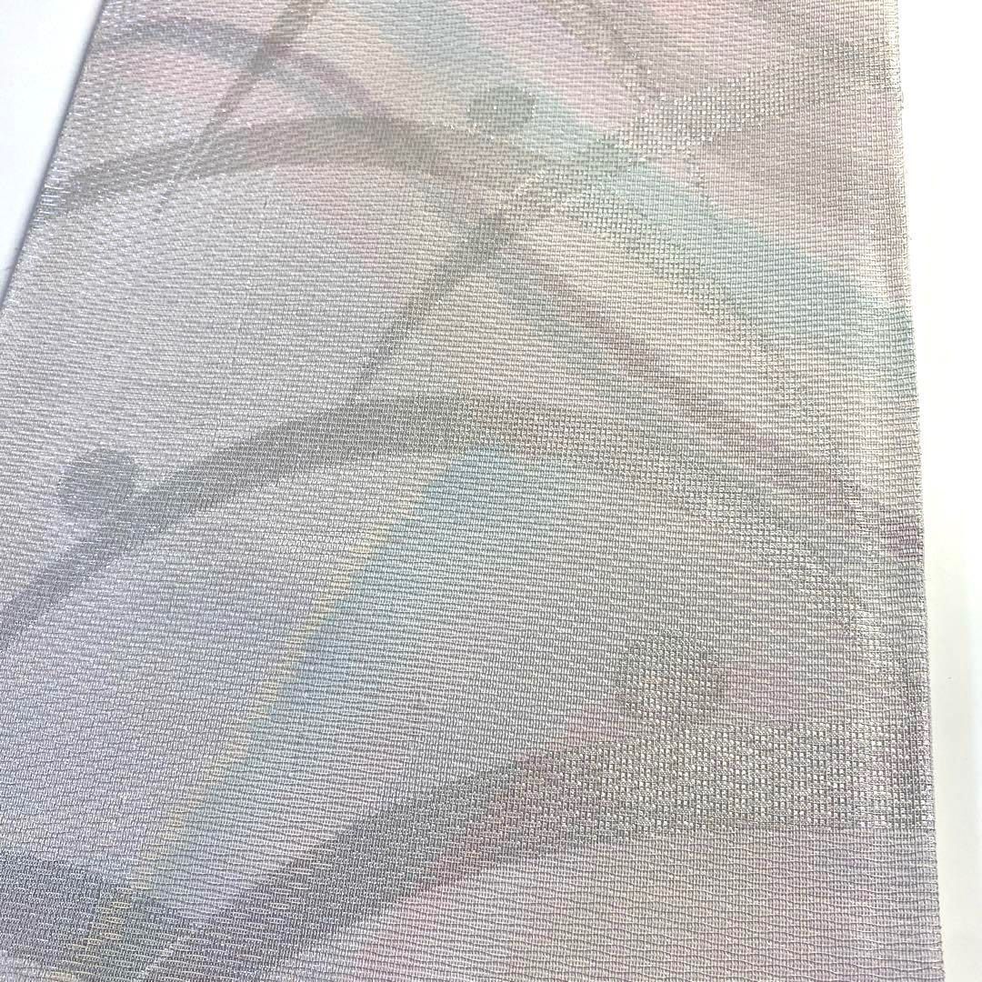 4k1020 袋帯 絹 夏帯 夏物 紗 波縞 グレー 銀色 ピンク 青 黄色 紫 