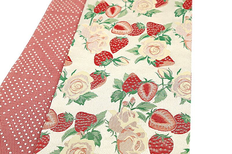 半幅帯 浴衣帯 ゆかた帯 桐生織 ポリエステル 白地 赤 ピンク 花 薔薇 いちご 果物 苺 麻の葉 リバーシブル ユニーク 個性的 お No.10-5557