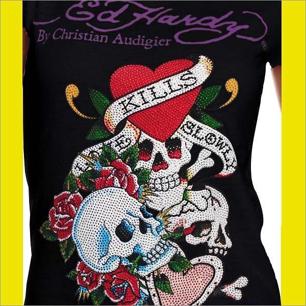 Ed Hardy エドハーディー レディース トリプル スカル 半袖 Tシャツ