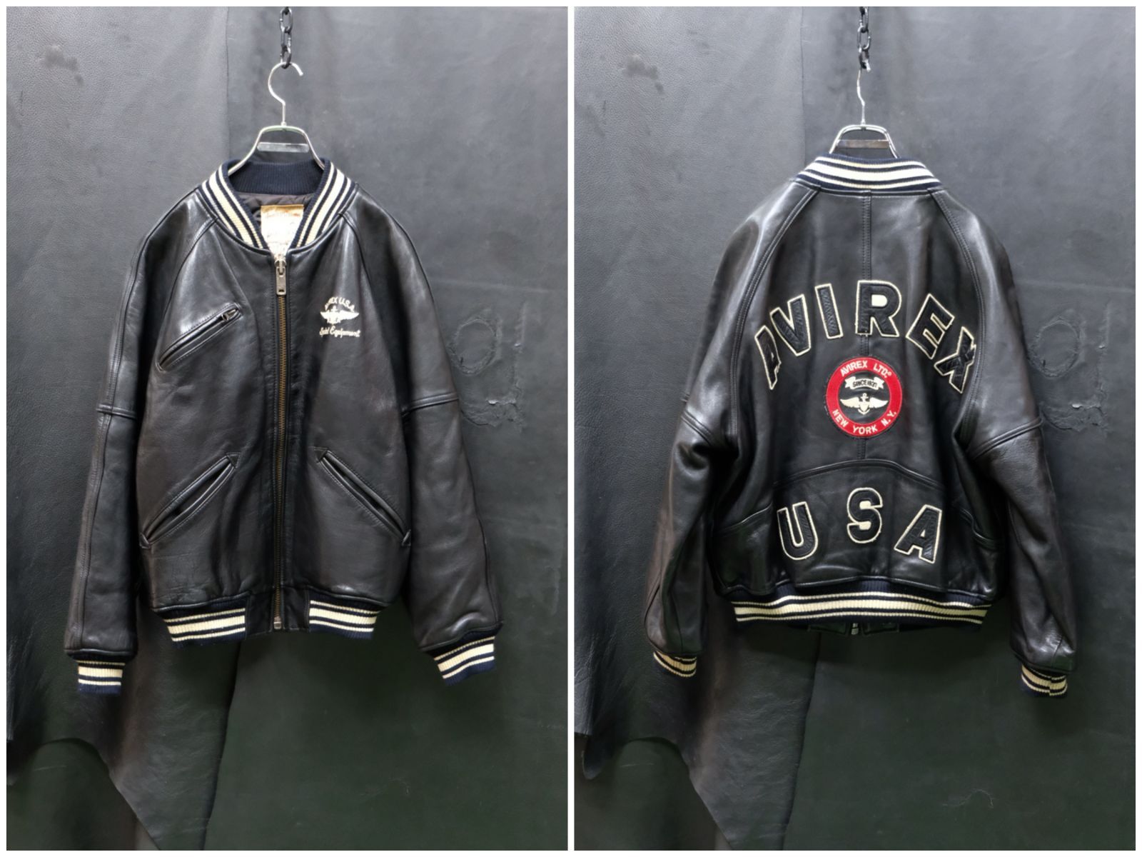 2025公式店舗 AVIREX 90s varsity 黒 ma-1 レザー 刺繍 jacket ジャケット・アウター