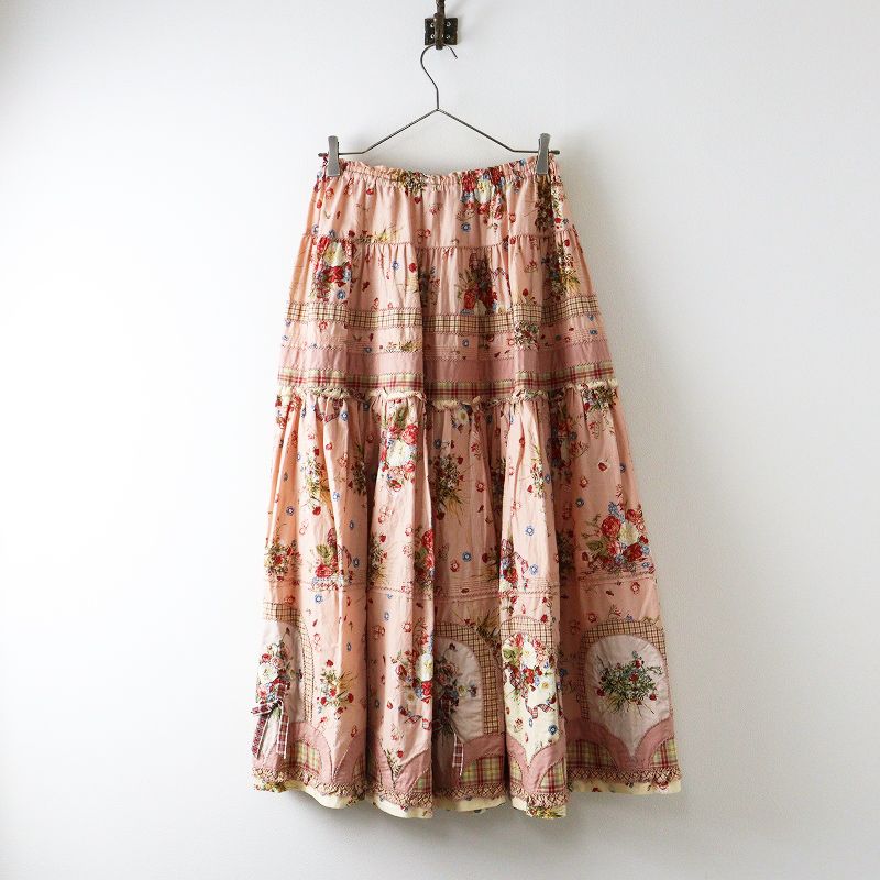 人気アイテム ピンクハウス PINK HOUSE コテージチャーム柄 刺繍入パッチワークスカート ピンク┃花柄 フラワー 2400014627619