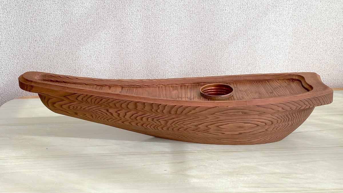 KK167 天然木製 花器 彫刻 船型 幅約48cm 重さ0.85kg 花瓶 木製 インテリア 華道具 和風