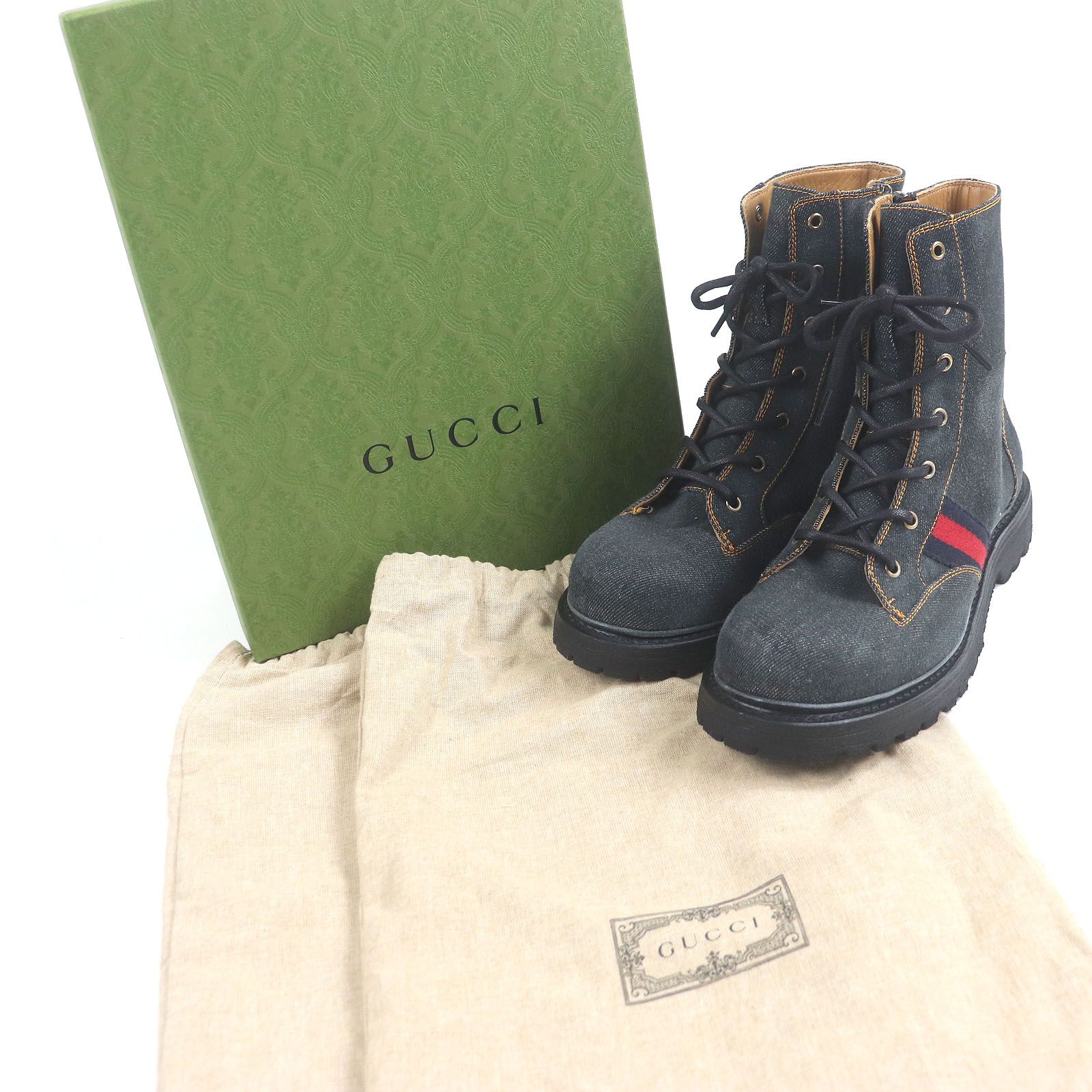 GUCCI グッチ 761989 レザー ウェブライン サイドジップ デニム アンクルブーツ インディゴブルー 8 箱 保存袋付き イタリア製 メンズ