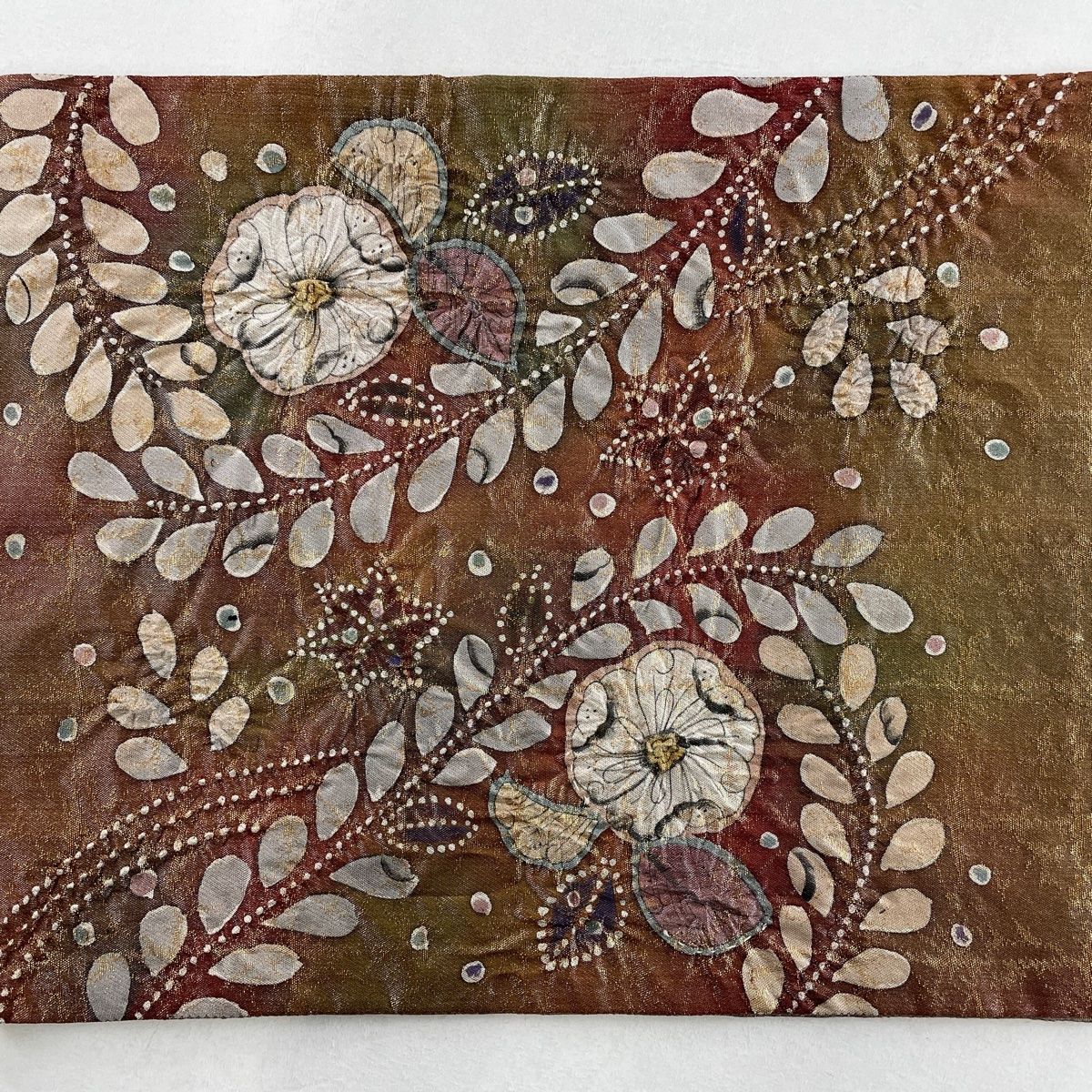 年末のプロモーション特価！ 名品 美品 袋帯 落款 【中古 正絹 お太鼓柄 茶色 箔 銀糸 辻が花 着物・浴衣