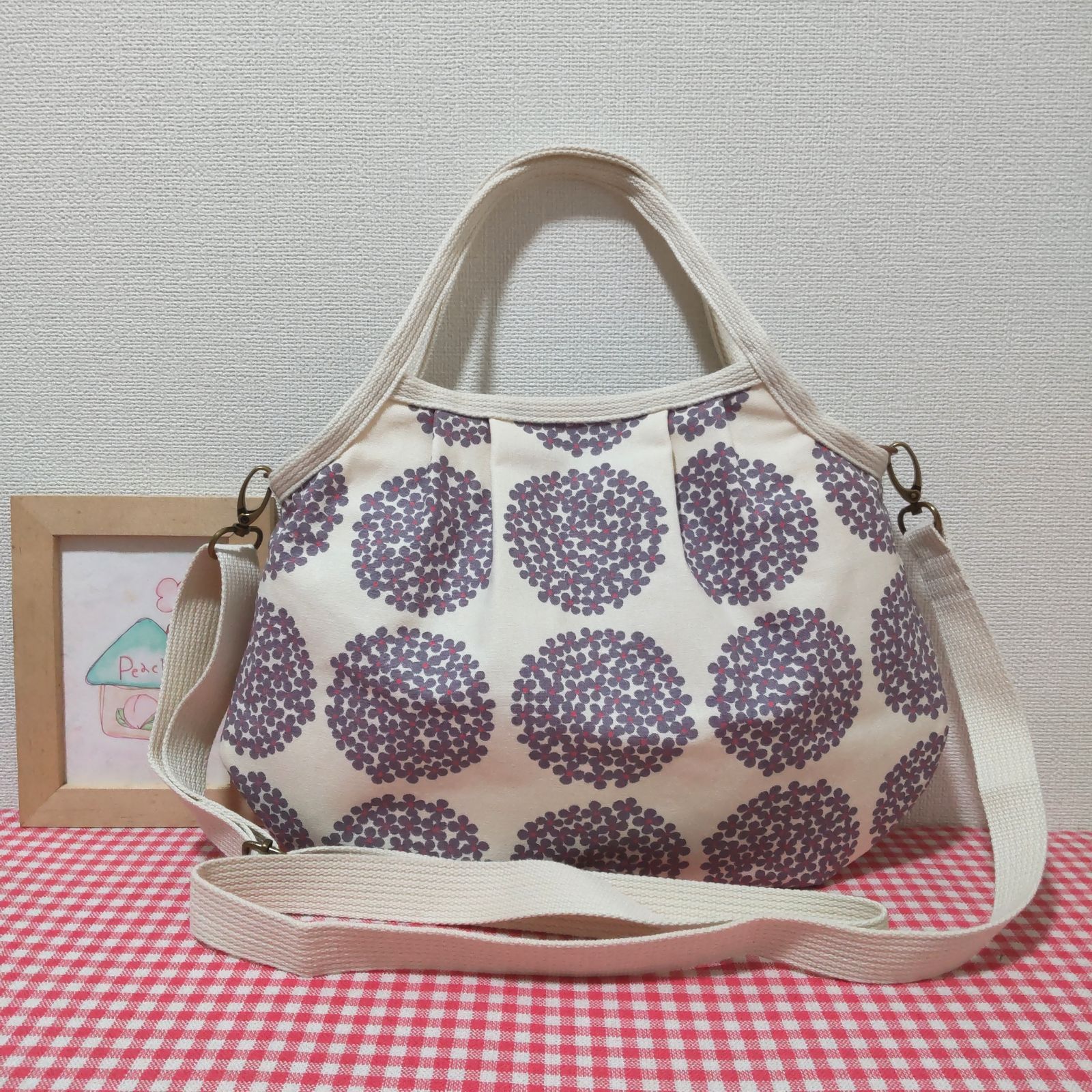 ショルダー対応グラニーバッグ(北欧風*あじさい柄*生成り×グレー) - メルカリShops