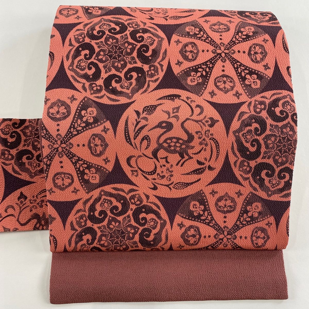 名古屋帯 秀品 華文 鳥 縮緬 灰紫 正絹