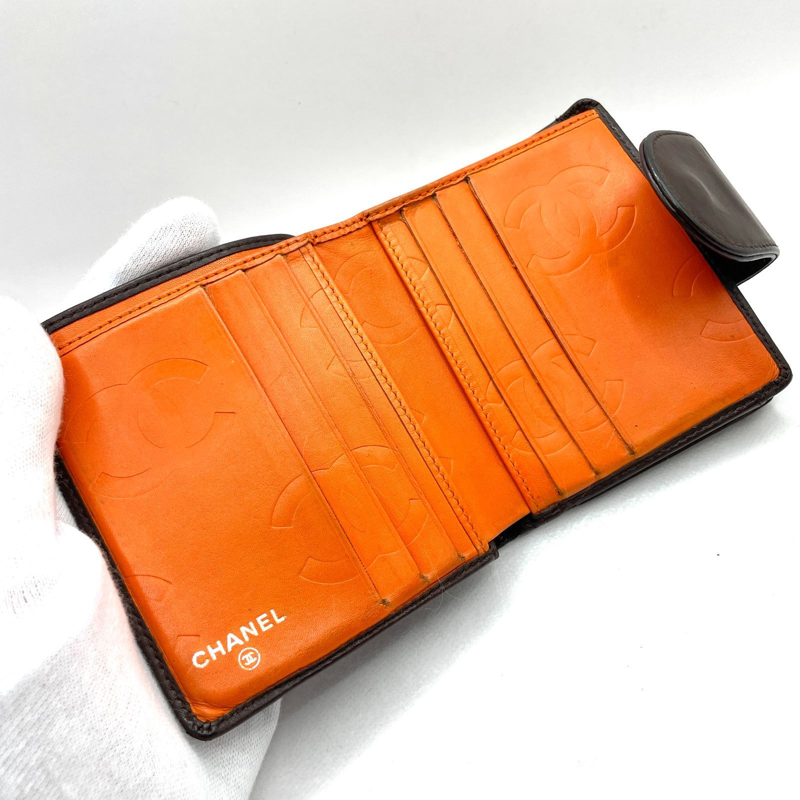 219】CHANEL/シャネル カンボンライン ラムスキン がま口 コンパクト  