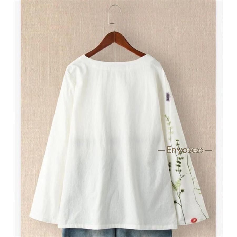 Tシャツ レディース 長袖 トップス 刺繍 ブラウス 春服 ゆったり 大人 大きいサイズ 体型カバー 丸首 カジュアル おしゃれ エスニック風 30代~50代 M?5XL Tシャツ レディース 長袖 トップス 刺繍 ブラウス 春服 ゆったり