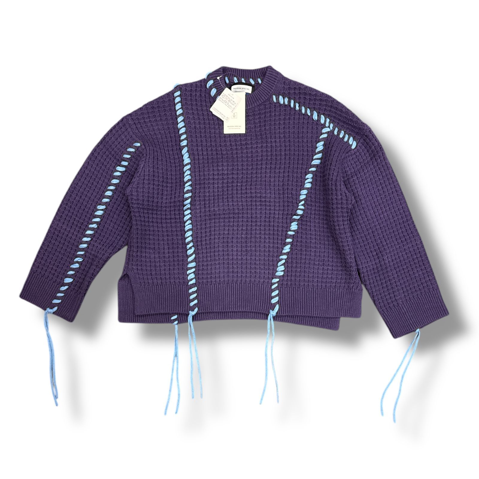 参考上代18700円 未使用品 MAISON SPECIAL Oni-Waffle Crazy Stitch Embroidery Prime-Over Crew Neck Knit ニット セーター メゾンスペシャル 11232411314 パープル