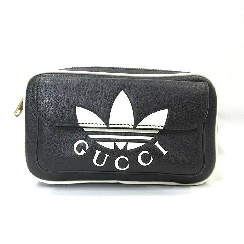 グッチ GUCCI adidas レザー ウエスト バッグ ボディ バッグ 黒 ブラック かばん AA