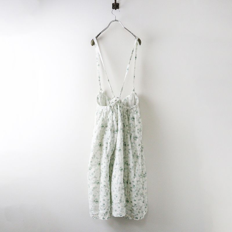 ネストローブ nest Robe フラワープリント リネンサロペットロングスカート F ホワイト×グリーン┃麻素材 花柄 2400014646351