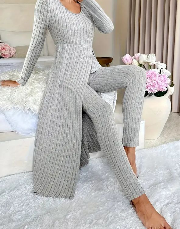 グレー】ニットセットアップ 長袖 パーカー セットスカート Iライン