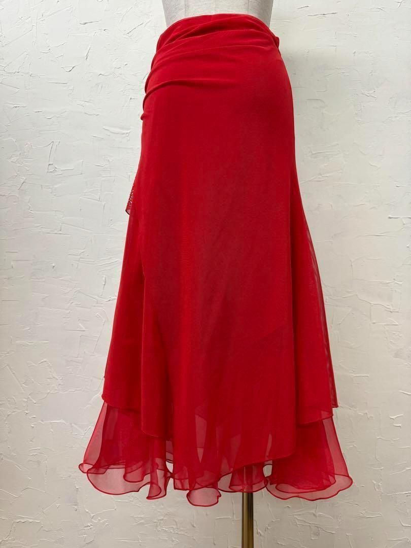 赤 2024 新品 ラインストーン 社交ダンス フレアーデザインスカートd035