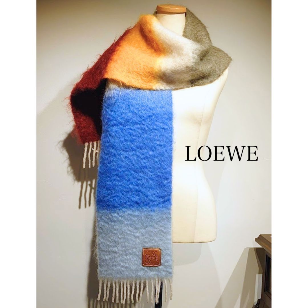 LOEWE ロエベ ストライプ スカーフ マフラー モヘア ウール フリンジ付き ライトブルー ボルドー マルチカラー - メルカリ