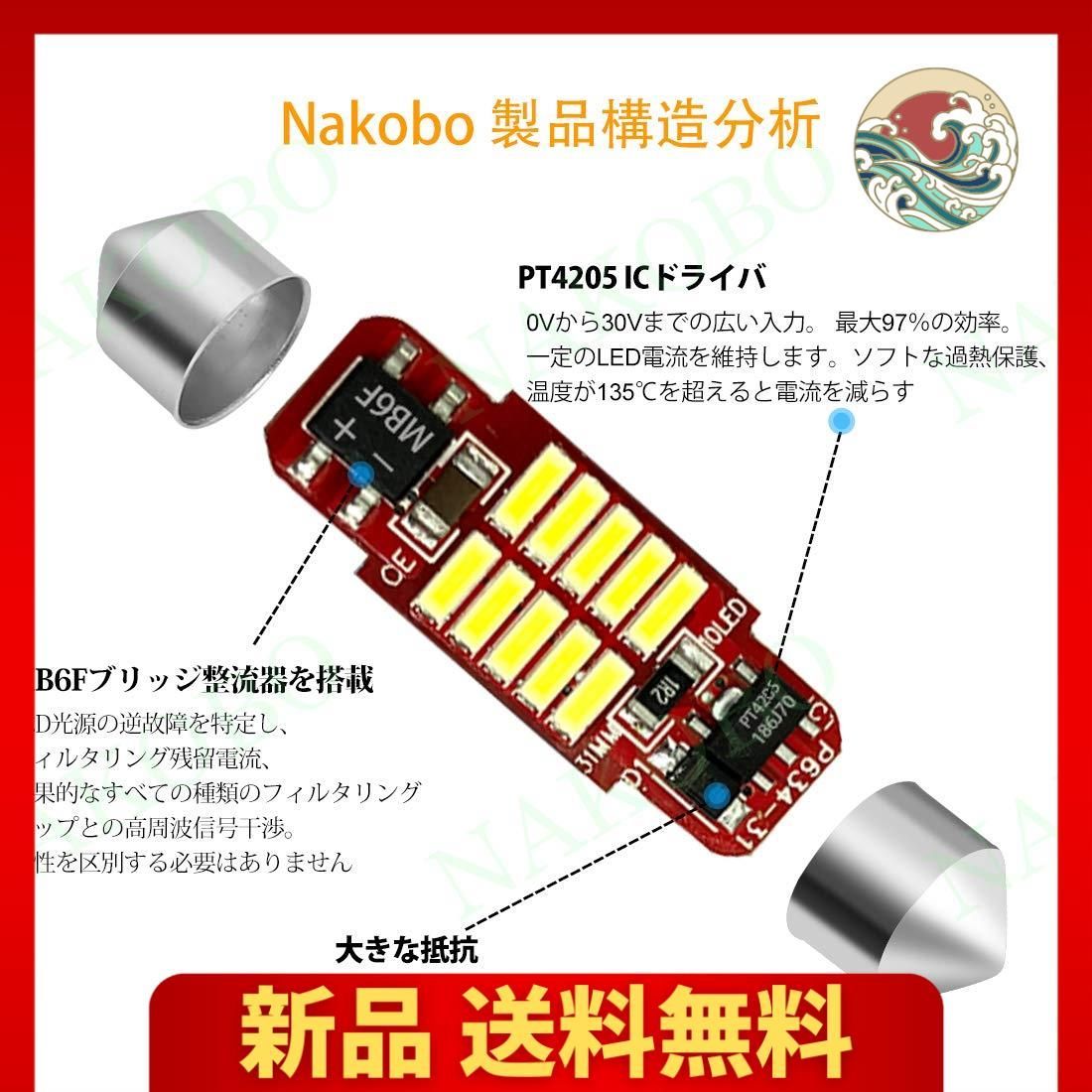 NAKOBO T10 x 31mm led ルームランプ 安定した流れ 12-24V対応 キャンセラー内蔵 無極性 2W 4014素子  50000時間寿命 ホワイト 10個 - メルカリ